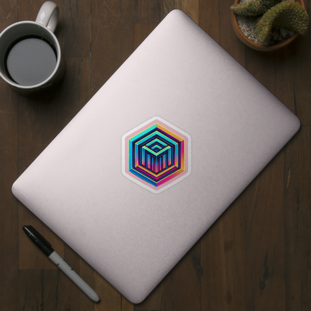 Hexagon with multiple colors which in turn contains smaller geomatric figures also of multiple colors. by Oscar's Store 1